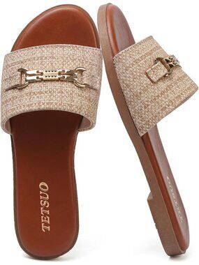 Women's Sandals Dressy Slide Sandals Raffia Open Toe Slip On Flat Summer Sandals